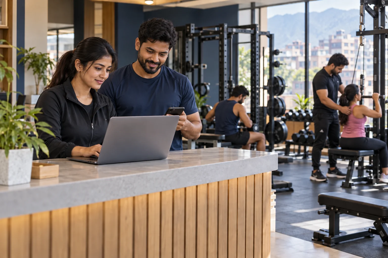 Illustration of Indian fitness studio staff managing member enquiries on a laptop and smartphone