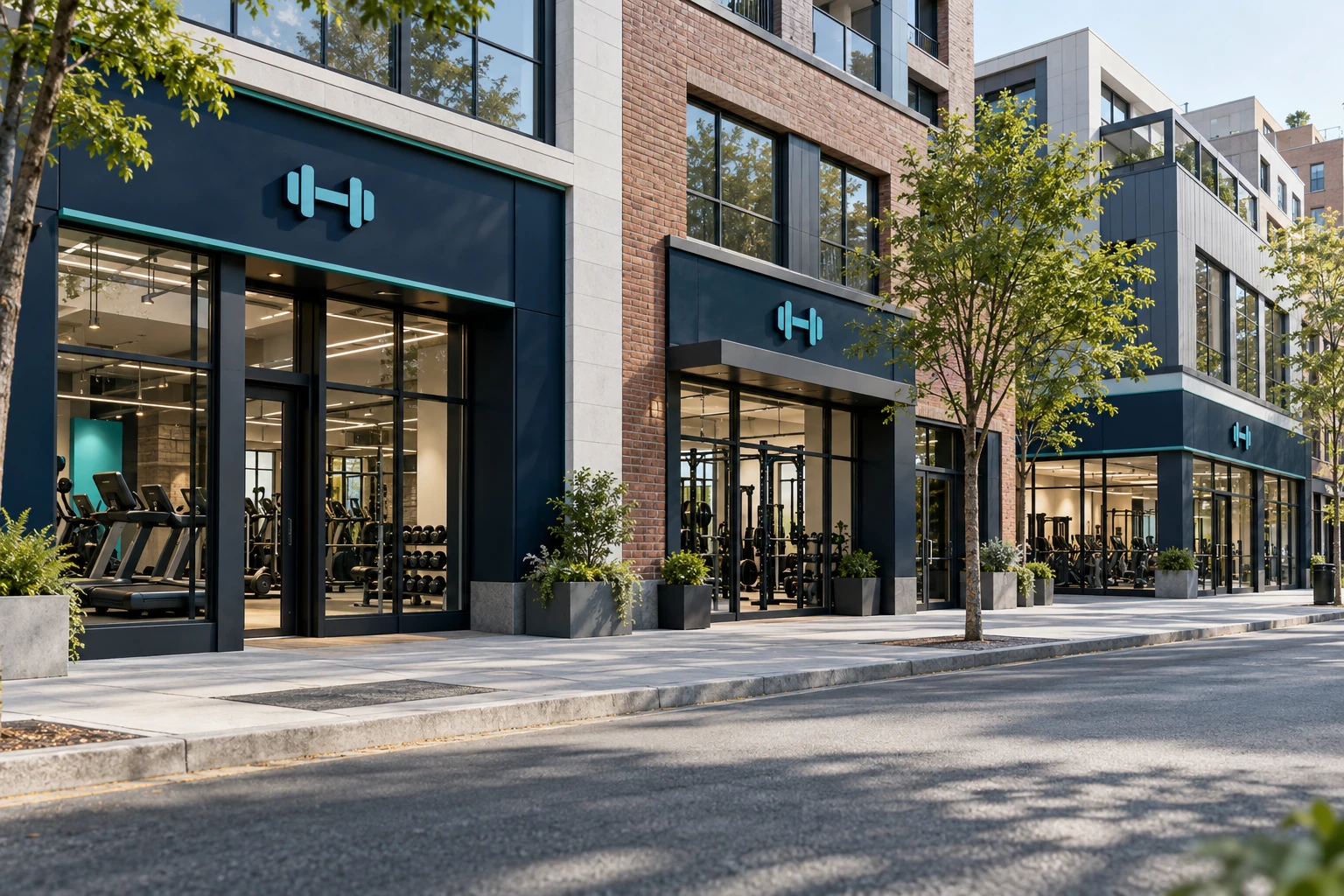 Three gym locations with matching facades and fitness equipment visible inside