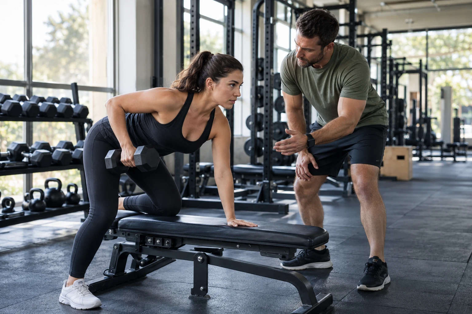 Personal trainer coaching a member through a dumbbell exercise in a gym