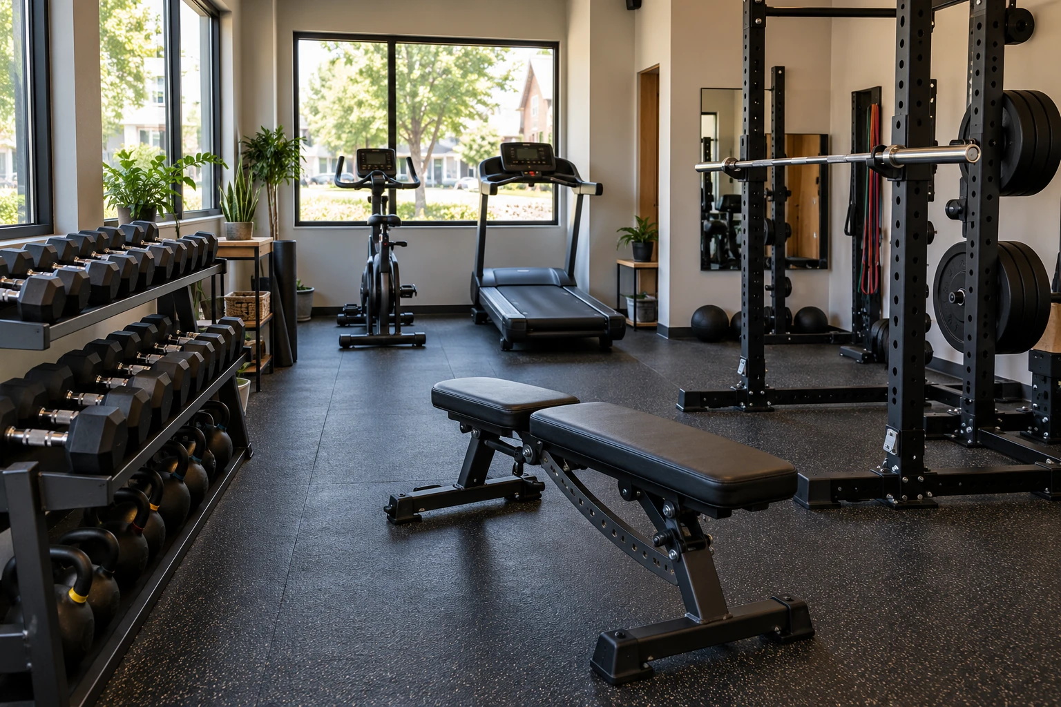 Small standalone gym with free weights, a bench, squat rack and cardio equipment