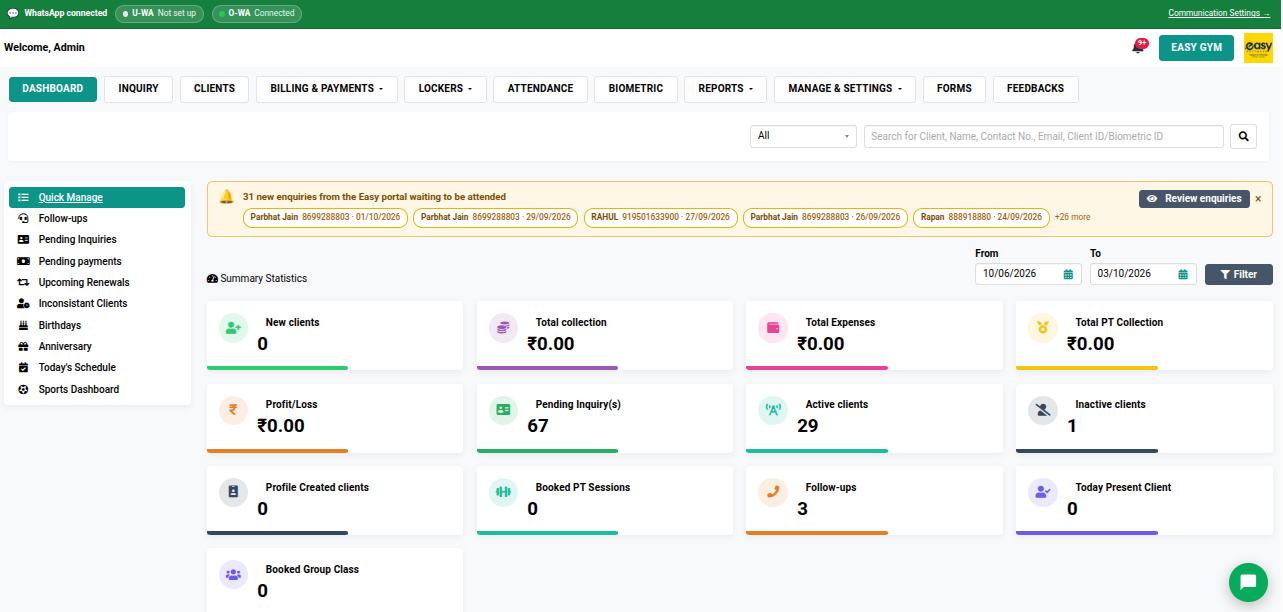 Easy Gym Software gym dashboard showing clients, attendance, collections, expenses and bookings
