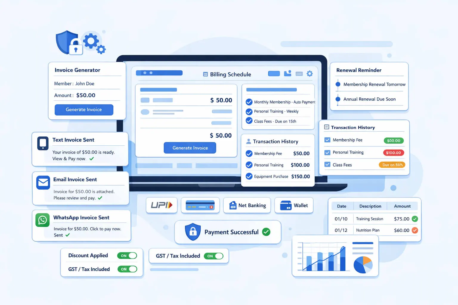 Invoice and payment history screen for gyms in the Maldives