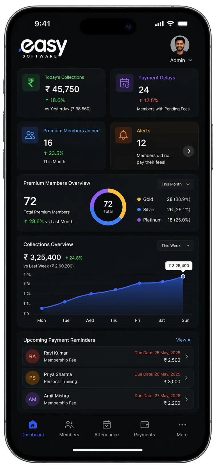 Easy Gym Software screen for gym management app to run your gym from your phone with member and business management controls
