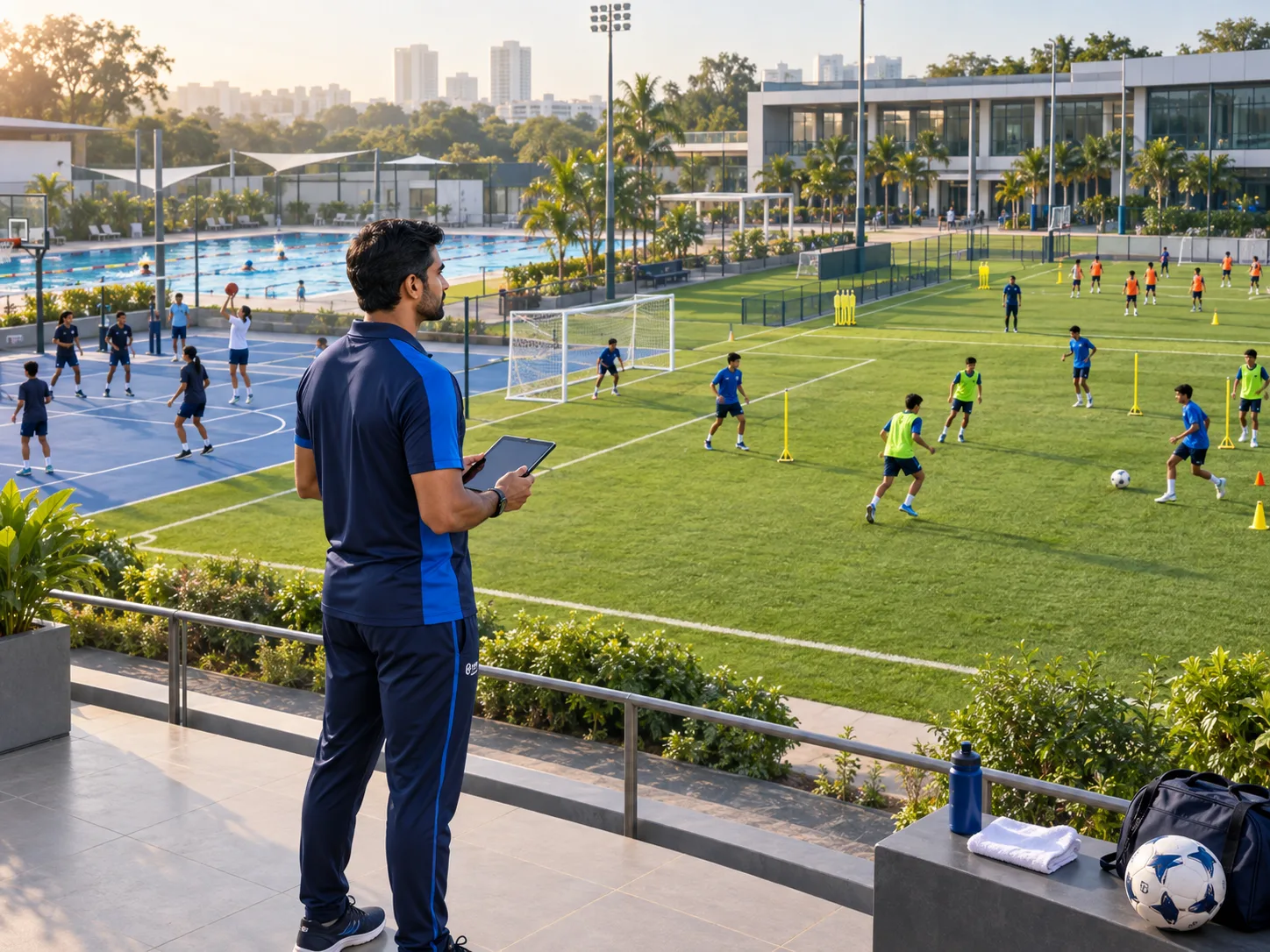 Coach overseeing separate training groups on a football field, court and swimming pool