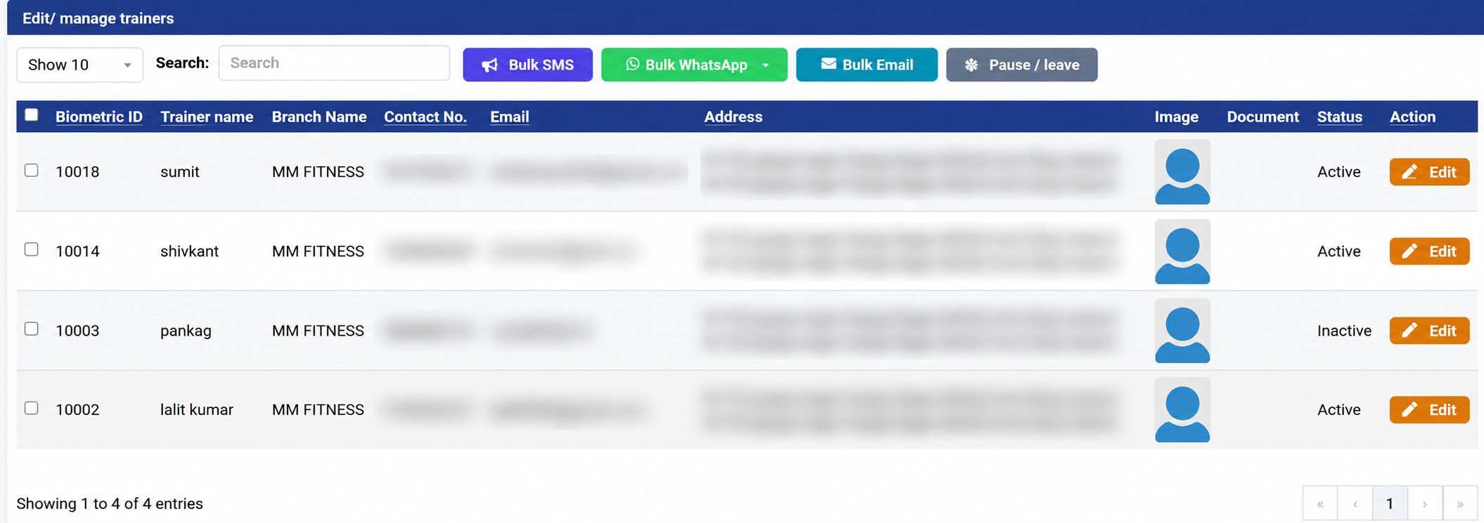 Trainer Dashboard with employee contact information and addresses blurred